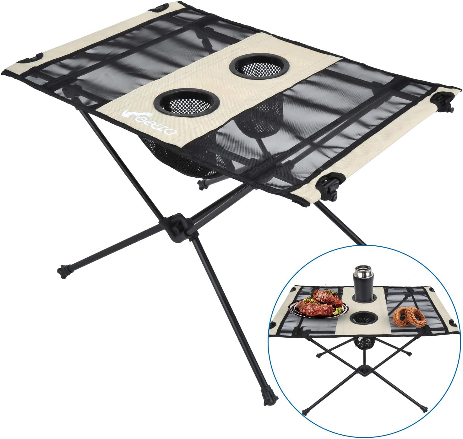 Geezo Lightweight Portable Foldable Camping Side Table with Cup Holders, Nylon Fabric Table Top and Aluminum Alloy Frame, Easy to Assemble and Clean, Compact and Durable(Unfolded: 22.4" x 15.8" x 15")