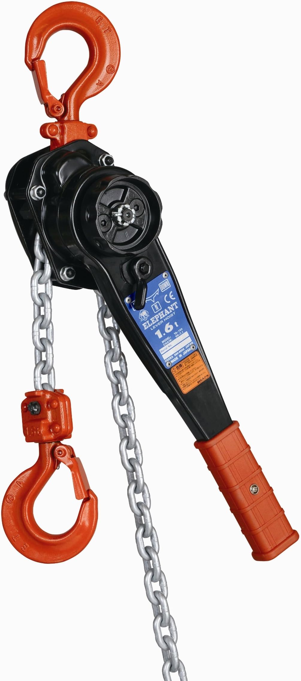 Elephant Lifting YA-630 Ratchet Lever Hoist, 12-3/16" Lever, 6.3 ton Capacity, 10' Lift Height, 1-57/64" Opening, Made in Japan