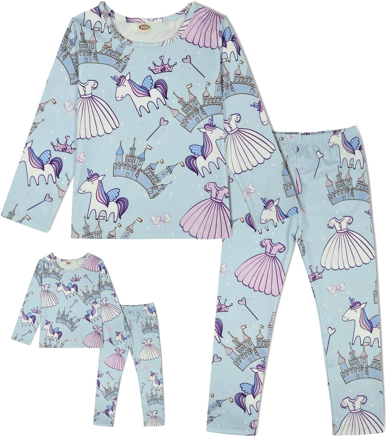 Matching Dolls & Girls Pajamas Unicorn Castle Pyjama Kids Sleepwear Set(8030,Castle,140)