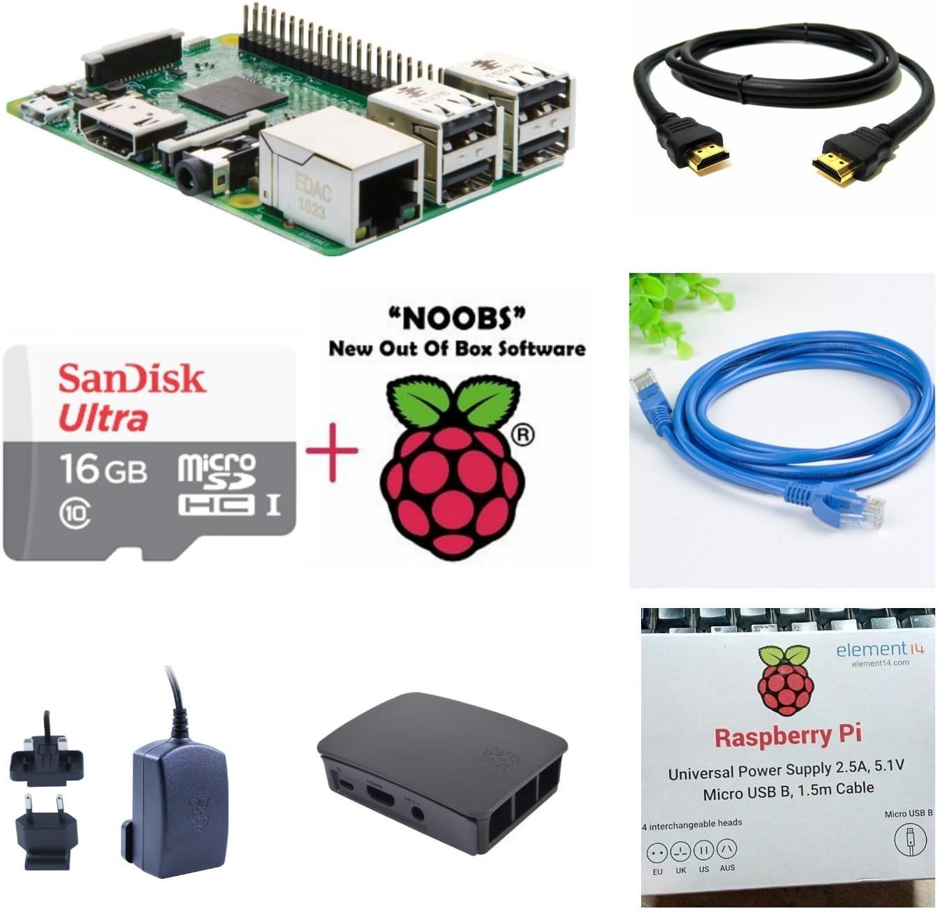 Electrobot Raspberry Pi 3 Model B - Official Complete Kit (Rpi 3, Case, Adapter, Noobs Card, Hdmi Cable, LAN Cable) (16Gb Noobs, 5V 2.5A Stontronics Adapter, Official Black Case)