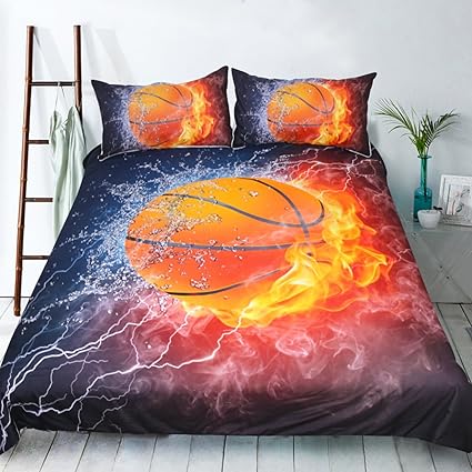 Ktlrr Basketball Print 3d Bedding Sets Twin Size For Kids Basketball On Fire Flame Burning Sports Decor 3pcs Quilt Duvet Cover Sets With Pillowcase