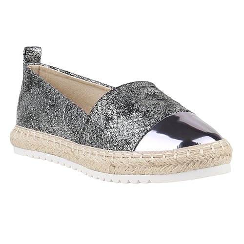 Stiefelparadies Damen Slippers Espadrilles Bast Metallic Flandell