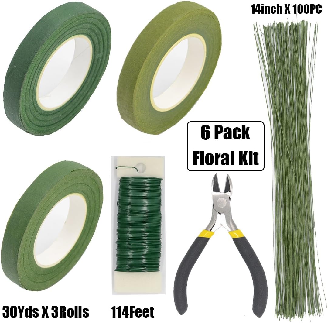FIVEWARE Floral Arrangement Tools Kit Supplies 3 Rolls Green Floral Tapes, 26 Gauge Stem Wire and 22 Gauge Paddle Wire,1Pc Wire Cutter,Floral Tape&Wire Kit for Floral Arranging Craft Projects Corsages