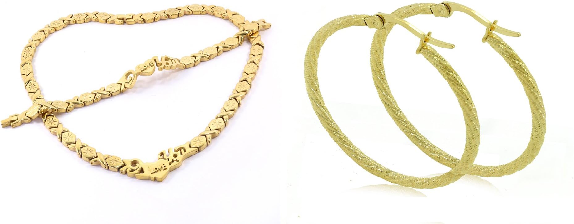 Womens Gold Finish Hugs & Kisses Necklace Bracelet Set With Hoop Earring