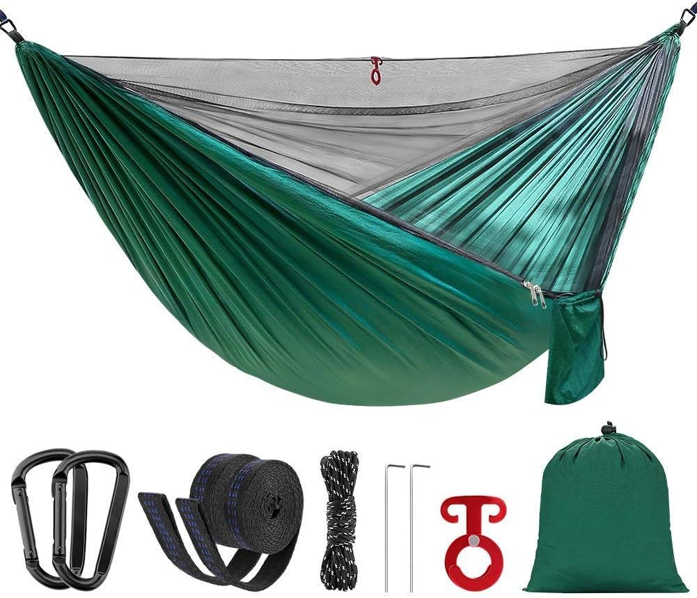 UnAmico Double Camping Hammock With Mosquito Bug Net and Hammock Tree Straps,Portable Parachute Ripstop Nylon Hammock for Backpacking Travel,Outdoor Hiking