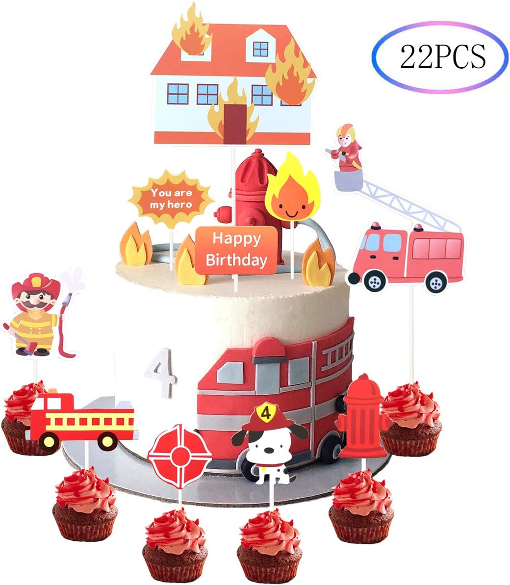 22Pcs Firefighter Themed Fire Truck Cupcake Toppers Baby Shower Birthday Party