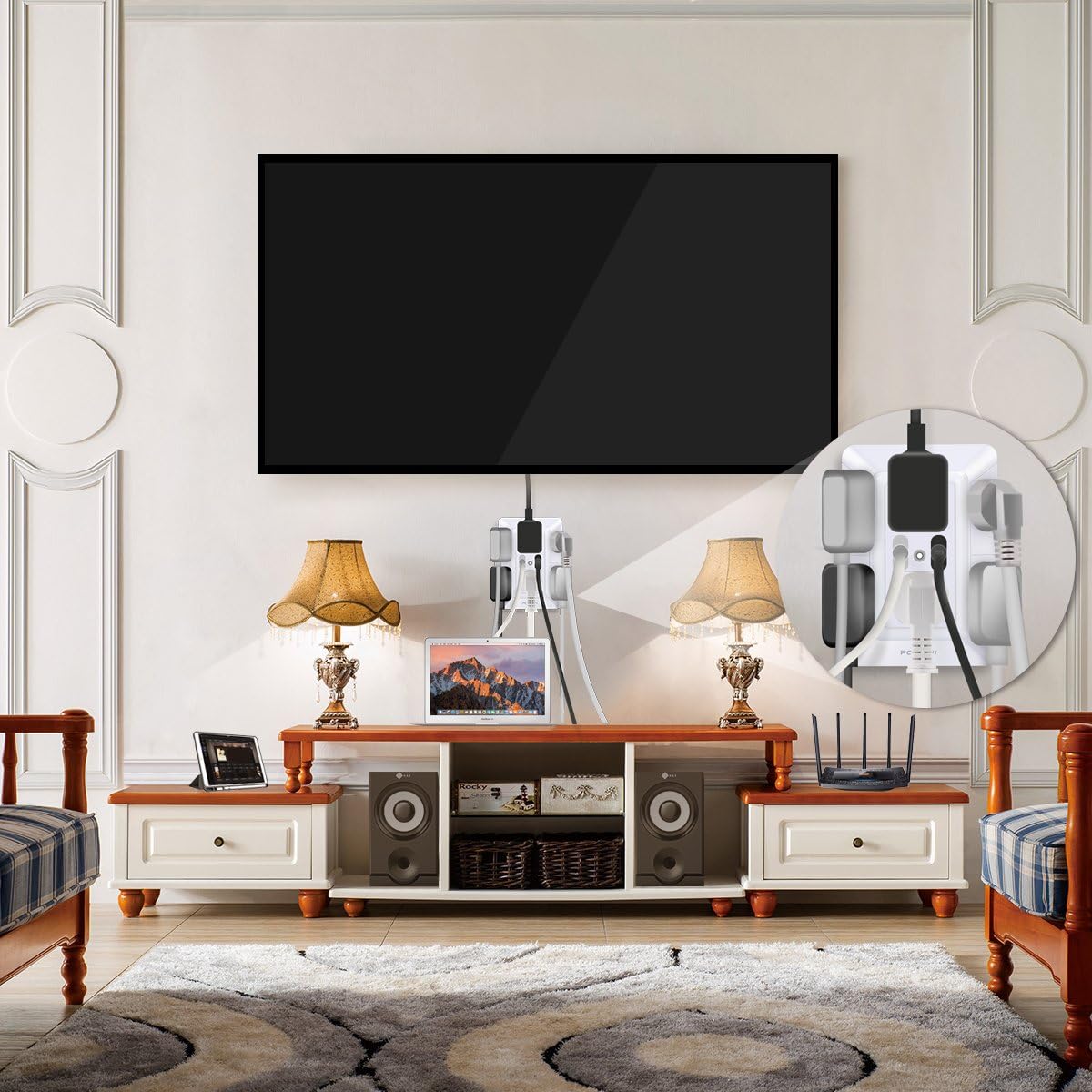 USB Wall Charger, Surge Protector, POWRUI 6-Outlet Extender with 2 USB Charging Ports (2.4A Total) and Night Light, 3-Sided Power Strip with Adapter Spaced Outlets - White，ETL Listed: Electronics