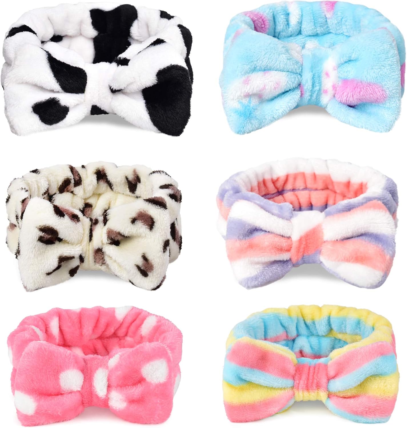 HUIANER Bowknot Headbands Makeup Headband Soft Coral Fleece Elastic Hair Bands for Spa Shower Mask and Washing Face for Woman Girls Pack of 6