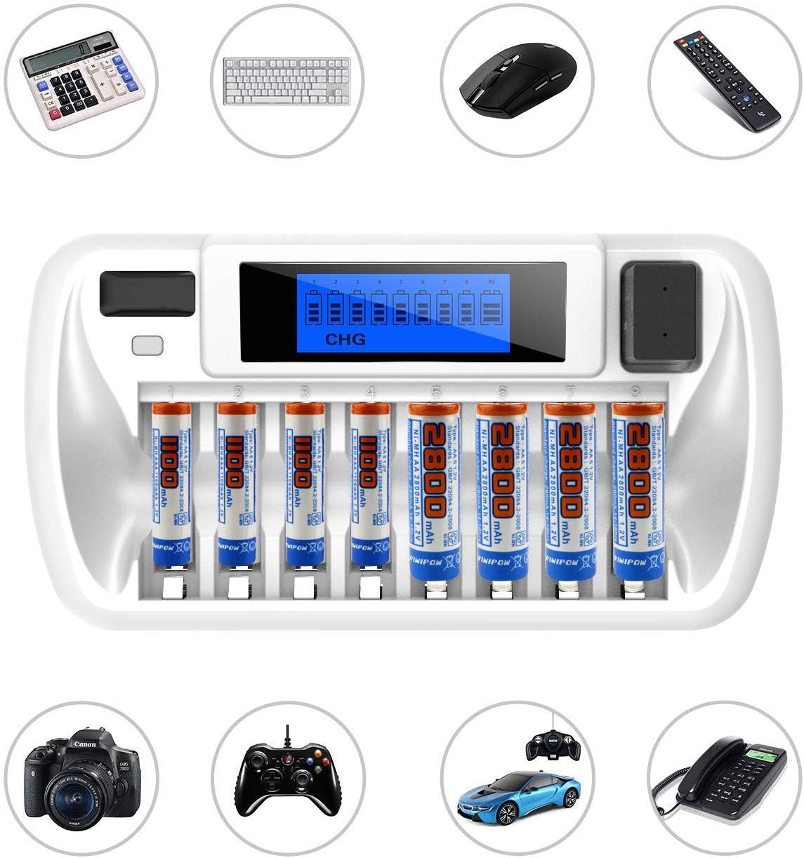 Battery Charger, 8+1 Bay Smart Battery Charger with LCD Display for AA/AAA Ni-MH/Ni-Cd 9V Rechargeable Batteries Charger: Home Audio & Theater