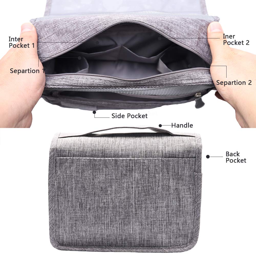 Hanging Toiletry Bag Water Resistant, Travel Wash Bags Cosmetic Bags with 8 Pouches, Bathroom Shower Organizer Portable Durable for Men and Women (Grey)
