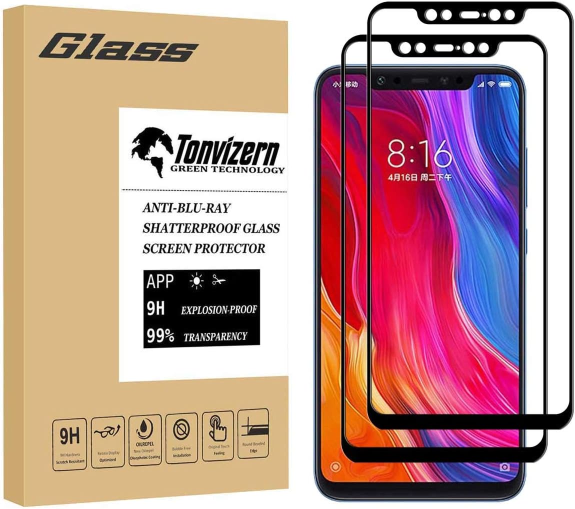 [2-Pack] Tonvizern Compatible for Xiaomi Mi 8 Tempered Glass Screen Protector [Full Coverage], 0.26mm 9H Hardness Screen Protector [Black]