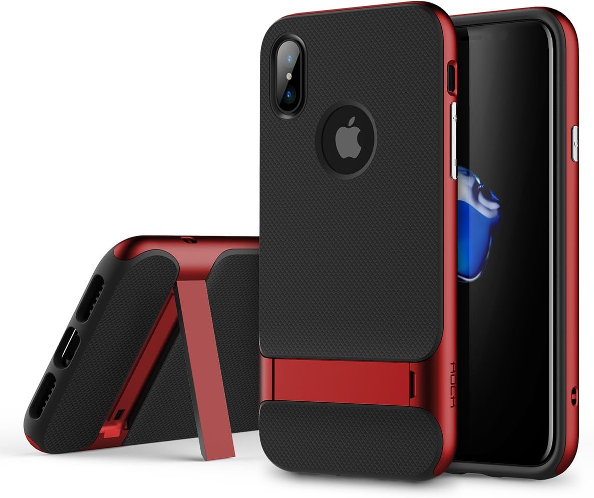 iPhone X Case, iPhone X Cover Case, ROCK Ultra Thin Dual Layer Armor Hybrid Rugged Soft TPU Shell Hard PC Frame Shockproof Bumper Phone Case Protective Case Cover with Kickstand for iPhone X/10, Red