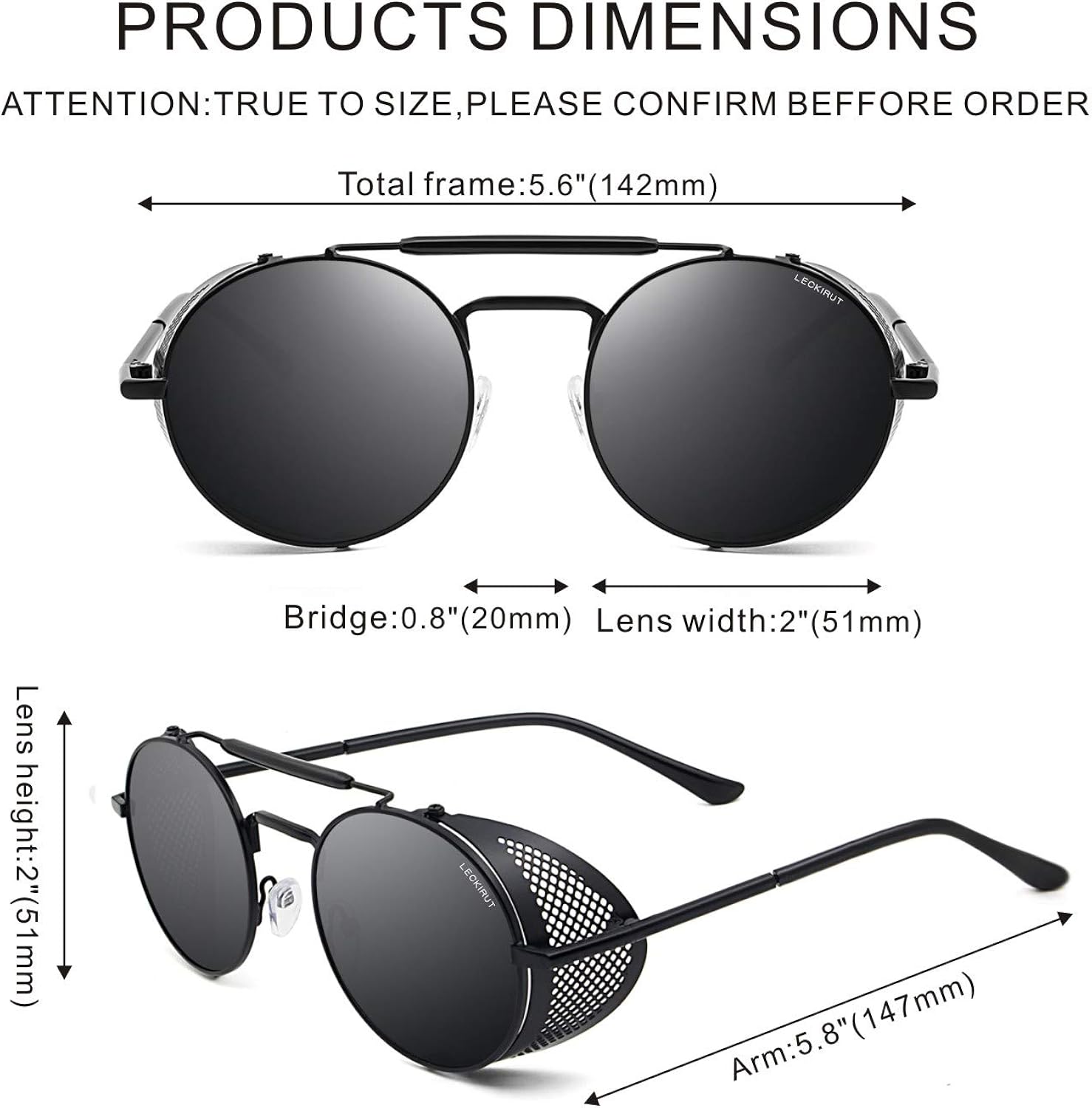 Leckirut Women Men Round Sunglasses Retro Vintage Steampunk Style Mirror Reflective Circle lens Black Frame Gray Lens: Clothing