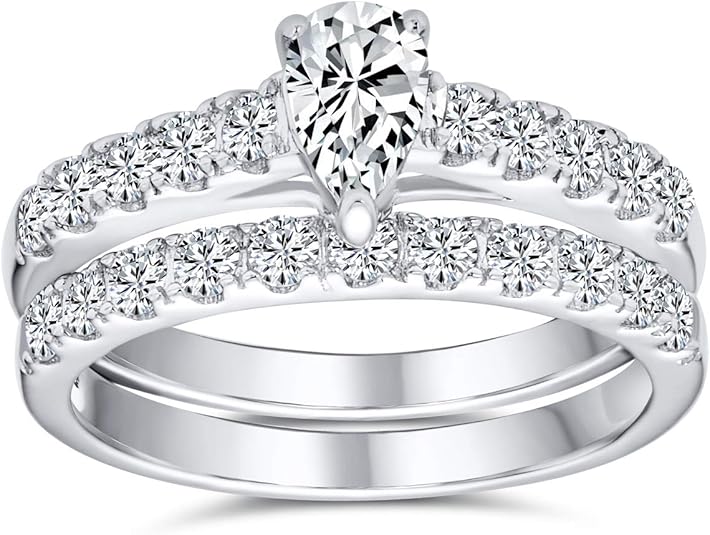 Amazon ブリングジュエリー Cz a シルバー925製 1カラット ティアドロップ型 婚約指輪 結婚指輪 セット サイズ7号 リング 通販