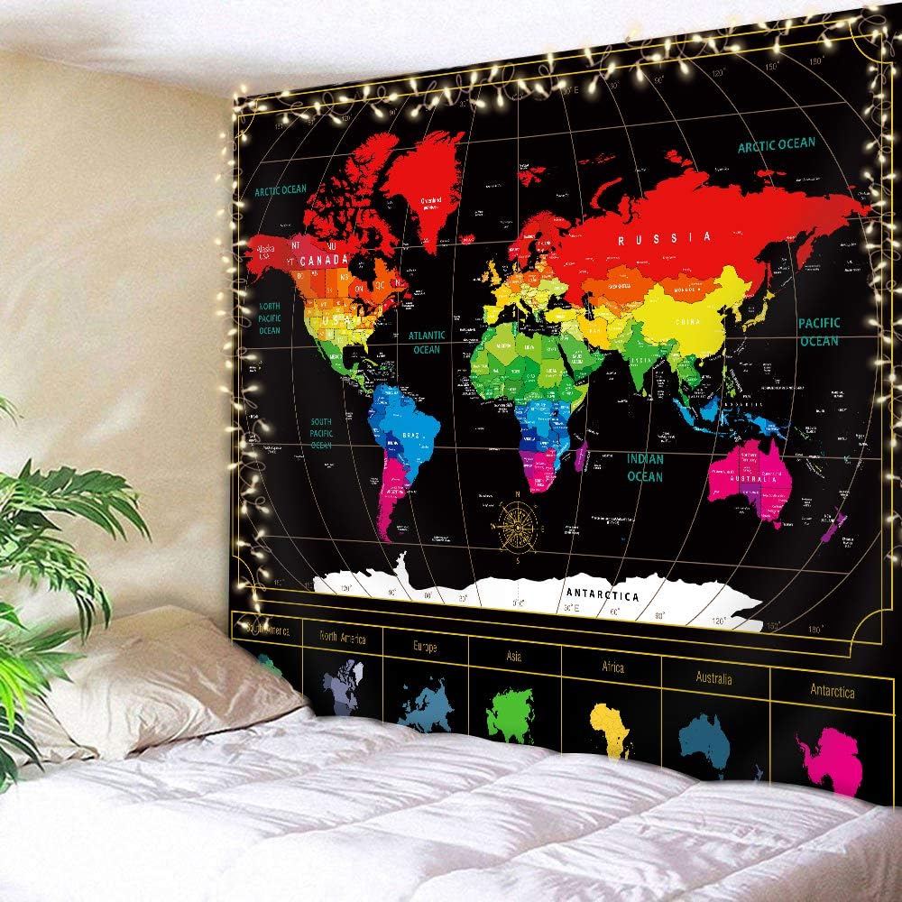 AMBZEK World Map Tapestry 59Hx51W Inch Geography Educational Route Countries Capital Earth Retro Cool Black Art Wall Hanging Bedroom Living Room Dorm Decor Fabric