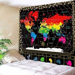 AMBZEK World Map Tapestry 59Hx51W Inch Geography Educational Route Countries Capital Earth Retro Cool Black Art Wall Hanging Bedroom Living Room Dorm Decor Fabric