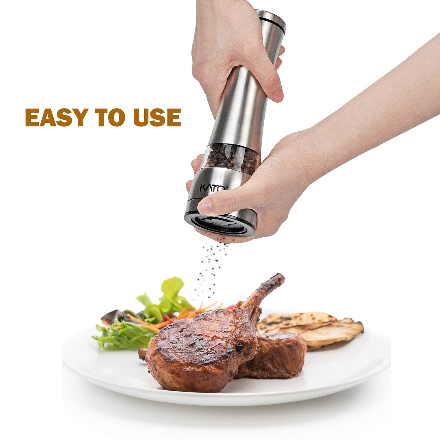 Kato Manual Stainless Steel Salt and Pepper Grinder Set, Best Ceramic Refillable Pepper Mills for Himalayan Salt, Pepper and Other Spices, 2 Pack