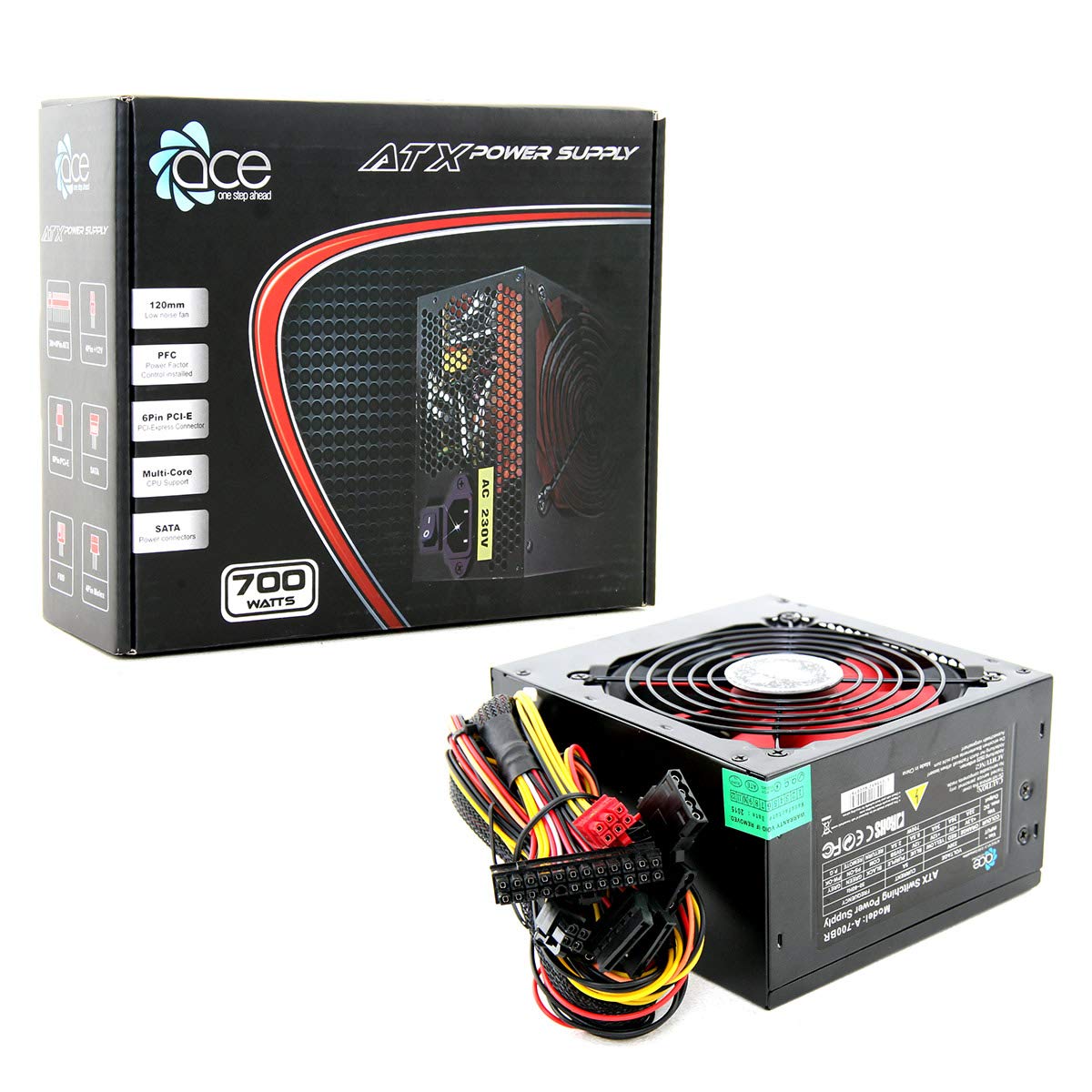 ACE 700W BR PSU with 12cm Red Fan and PFC - Black