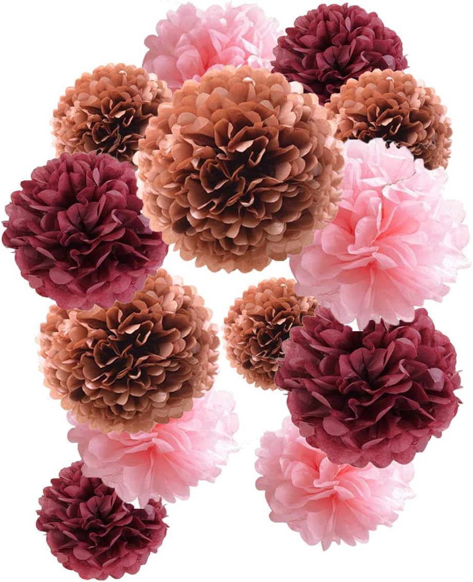 12PCS Blush Pink Burgundy Rose Gold Party Tissue Pom Poms Paper Ball Garland for Maroon Wedding Bridal Shower Bachelorette Party Baby Shower Centerpieces Birthday Graduation Party Hanging Decoration