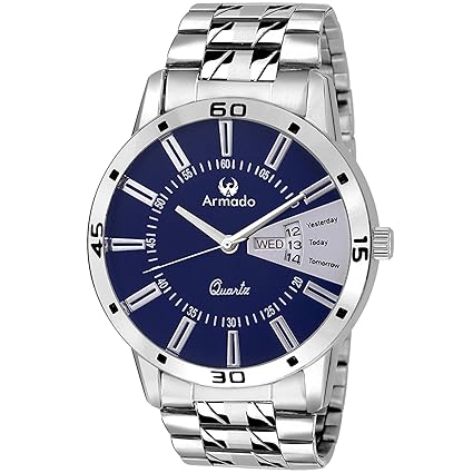 AR-096 Exclusive Day & Date Display Analog Blue Dial Stainless Steel Mens Watch