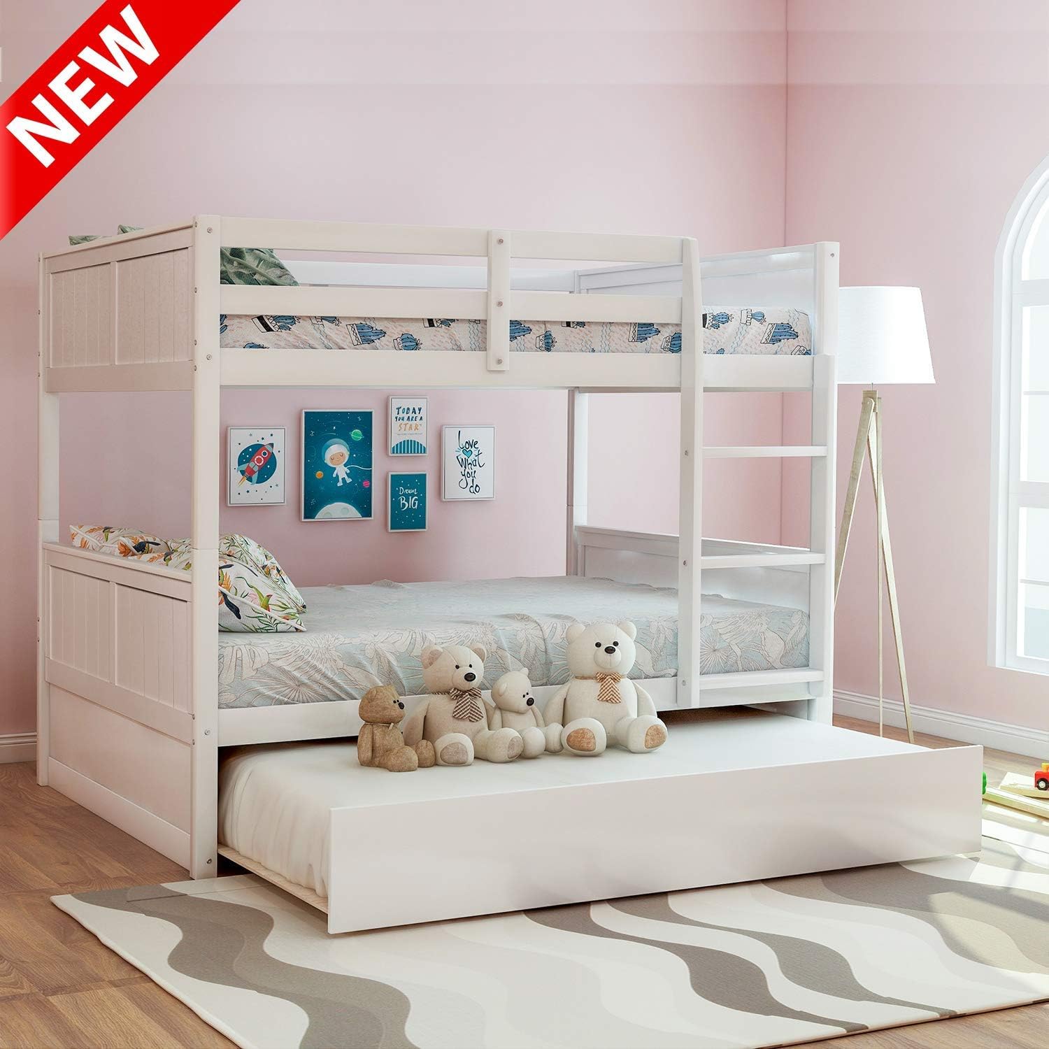 LEEKOU Updated Full Over Full Bunk Bed with Trundle, Best Thicken Solid Wood Bed Frame with Safety Guard Rail and Ladder, Multifunction Convertible to 2 Beds for Kids (White)