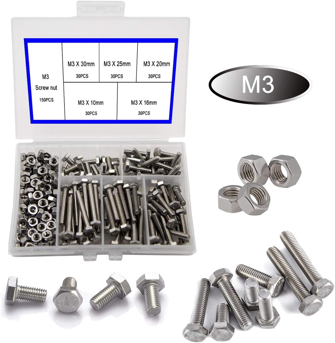 300pcs M3 Nuts and Bolts Set Outer Corner Hexagonal Screws 304