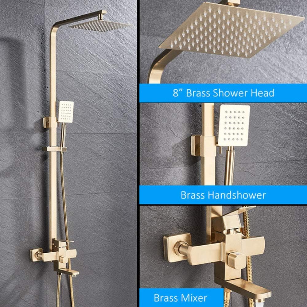 llwannr Shower Set Bathroom Shower Faucets Set 8" Rainfall Shower Head Tub Spout Sink Faucet 3-Way Single Handle Mixer Tap Bath Shower,Brushed Gold,China