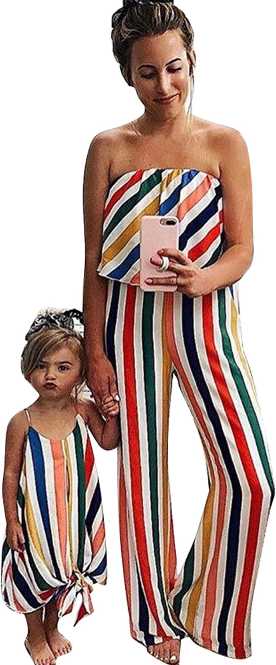 Family Matching 1 Piece Striped Jumpsuit Mommy and Me Off Shoulder Strapless Tube Romper Strapped Dress