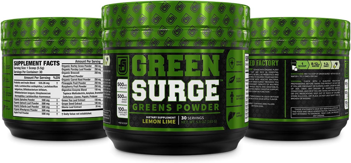 Green Surge Green Superfood Powder Supplement - Keto Friendly Greens Drink w/Spirulina, Wheat & Barley Grass, Organic Greens - Green Tea Extract, Probiotics & Digestive Enzymes - Lemon Lime - 30sv: Health & Personal Care