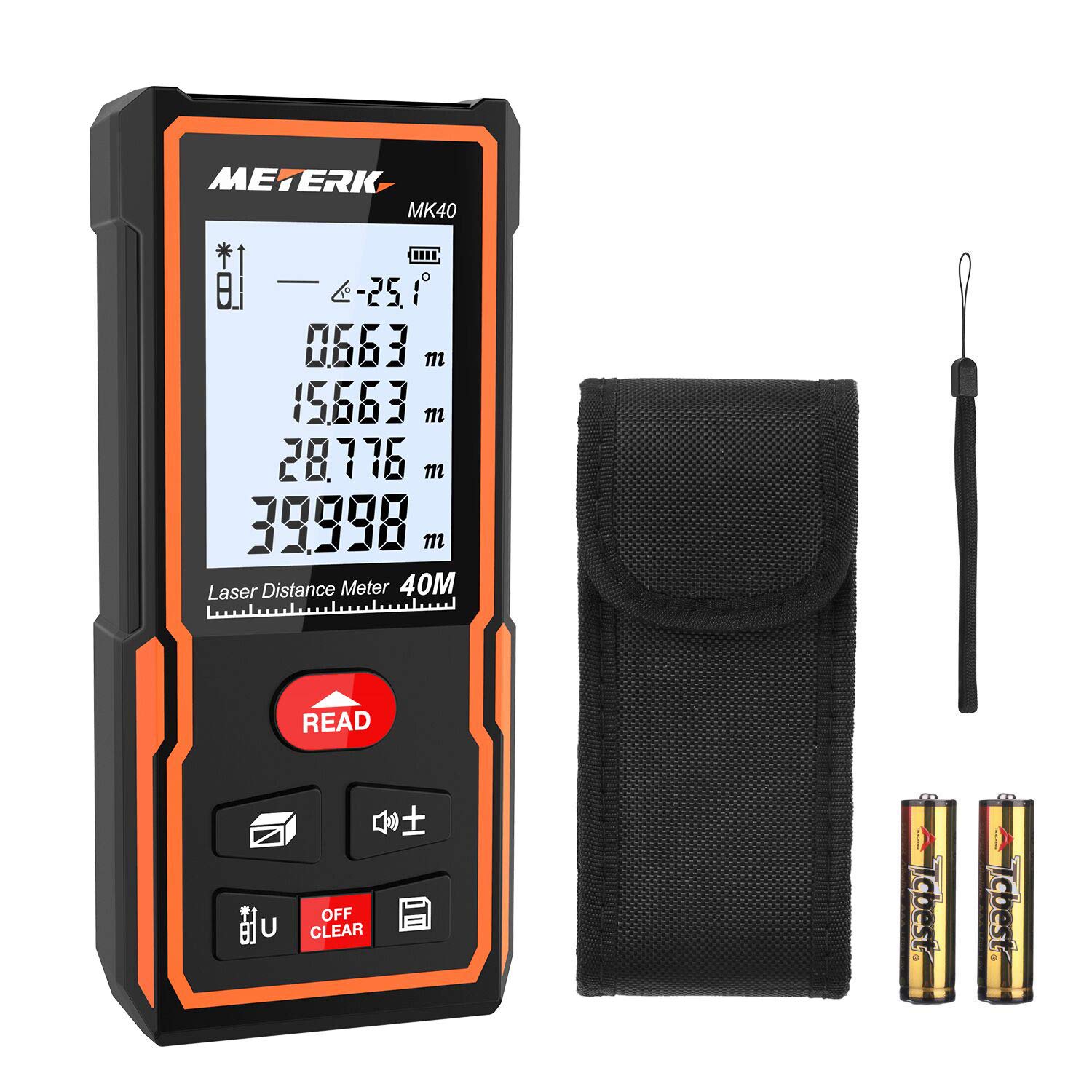 Laser Measure, Meterk 131ft Mute Laser Measurement Tool Distance Meter with Electronic Bubble Level, M/In/Ft LCD Backlight Display, Distance, Area and Volume, Pythagorean Mode - Battery Included