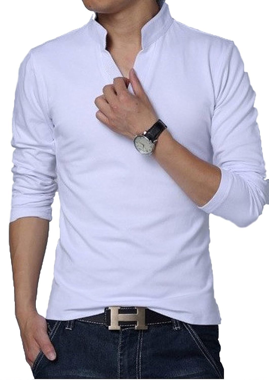 lionroar men's cotton long sleeve chinese collar polo neck t-shirt for men