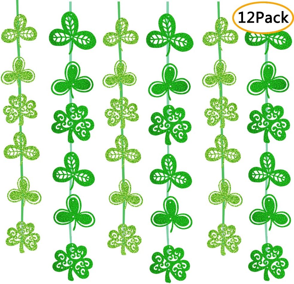 12 Pack St. Patrick’s Day Shamrock Decorations-Irish Clover Hanging Ornaments Garland For Lucky St. Patrick’s Day Supplies