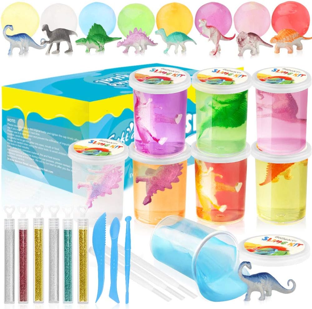 Growsland Slime Kit for Girls Boys, DIY Crystal Fluffy Slime Supplies Toys 21.5 OZ 8 Colors Stretchy Non Sticky Clear Slime Putty Gifts, Includes Slime Containers, Glitters and Tools