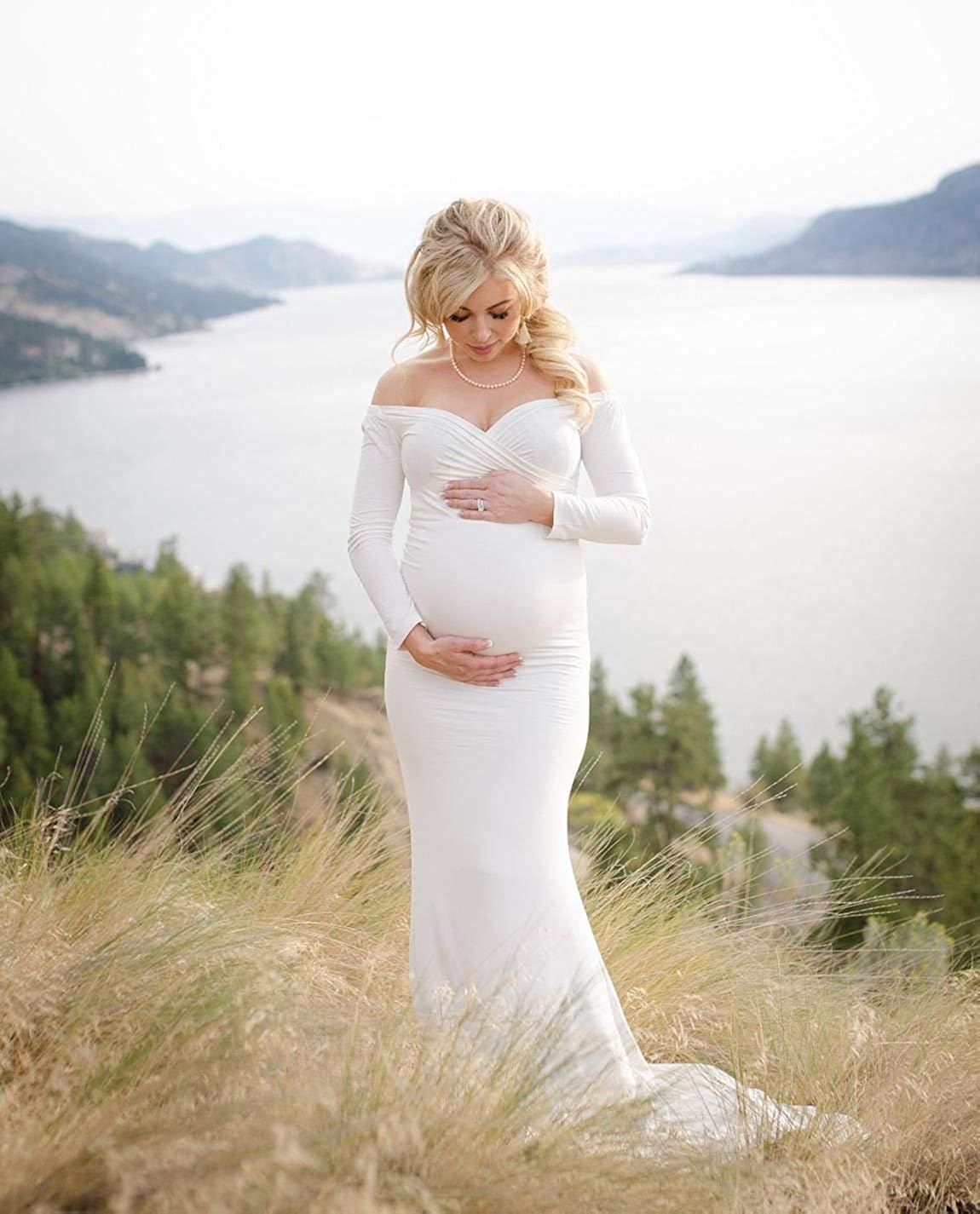 Saslax Maternity Elegant Fitted Maternity Gown Long Sleeve Slim Fit Maxi Photography Dress at  Women’s Clothing store