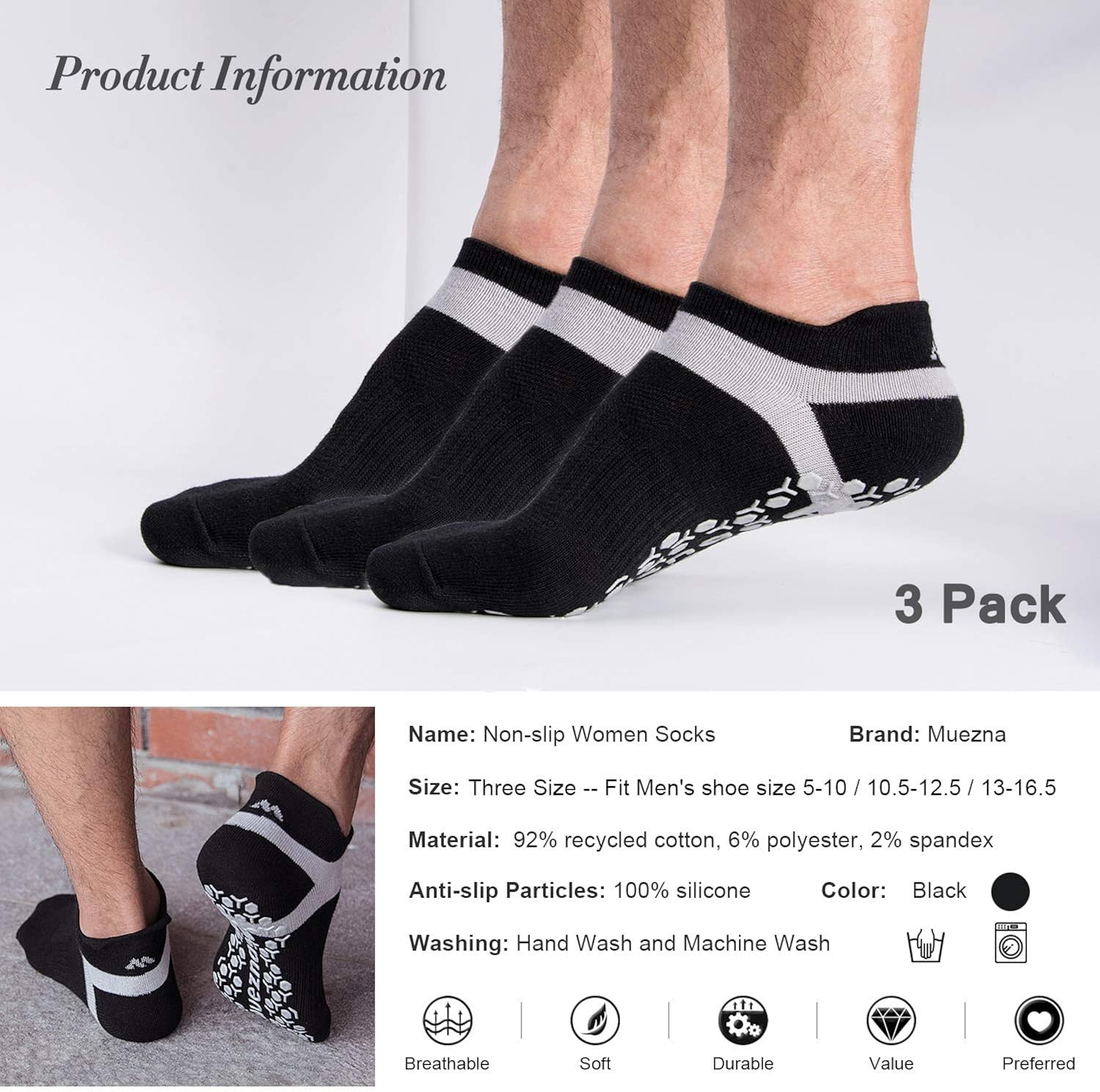 Muezna Men's Non-Slip Yoga Socks, Anti-Skid Pilates, Barre, Bikram Fitness Hospital Slipper Socks with Grips : Clothing