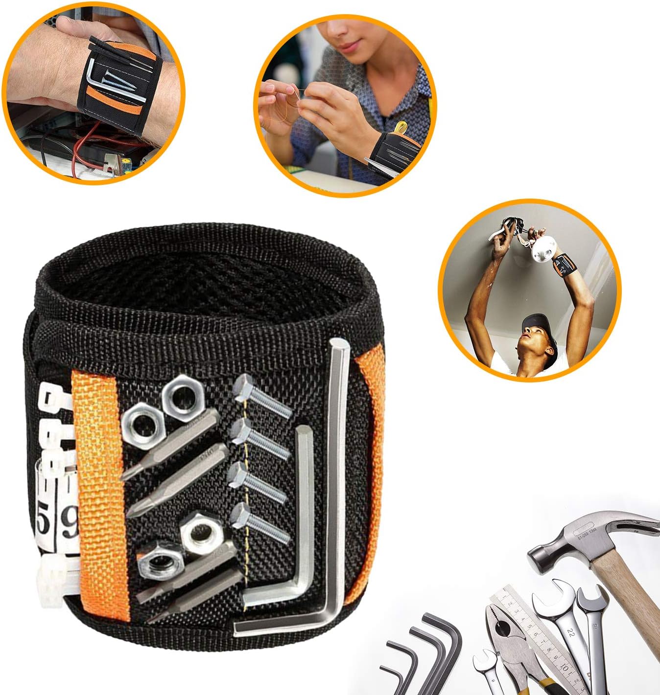 Magnetic Wristbands with 2 Pockets, Running Magnetic Bracelets with 15 Powerful Magnets, Wristbands for Holding Tools, Screws, Nails, Drilling bits and Small Tools, Best Tool Gift for Men
