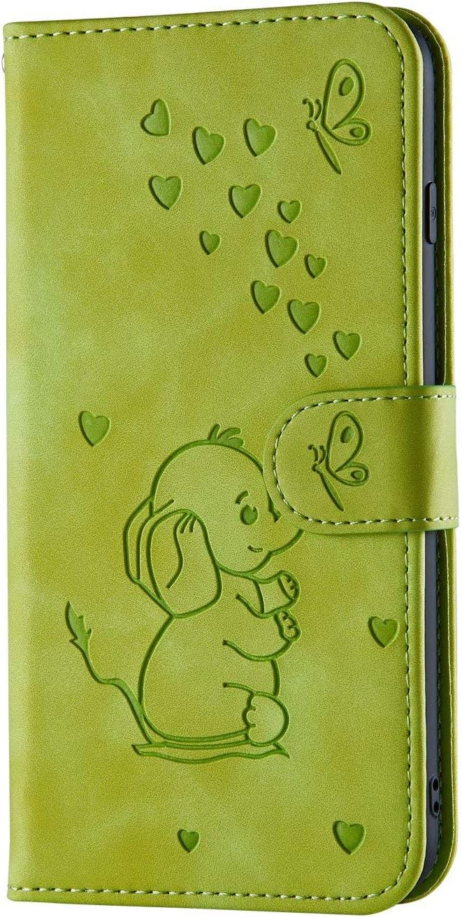 Samsung Galaxy A71 Case, Shockproof PU Leather Flip Wallet Phone Case Lovely Elephany TPU Bumper Protective Cover with Card Holders Magnetic Closure Kickstand for Samsung Galaxy A71 Green-2