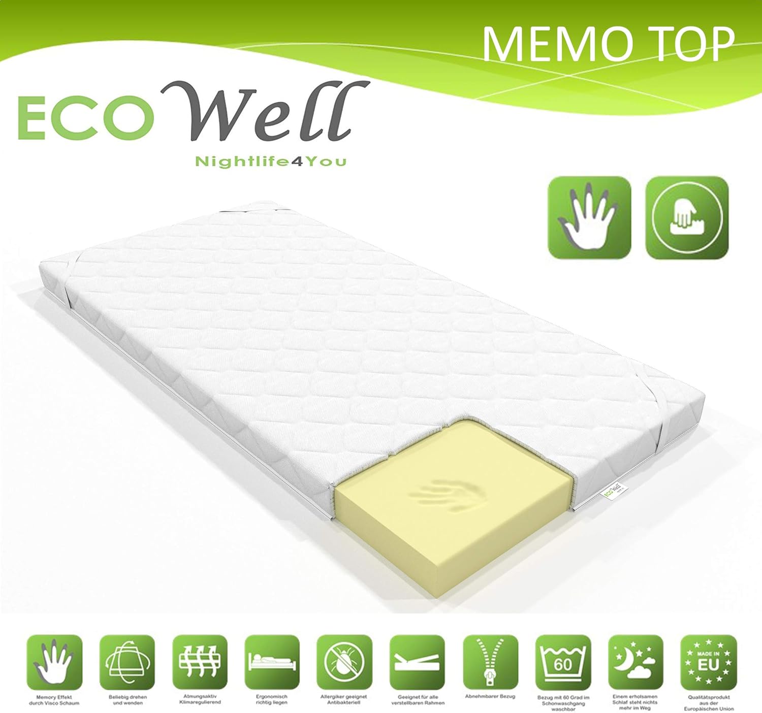 ECO Well VISCO Memory Foam Topper 7cm washable cover/orthopaedic