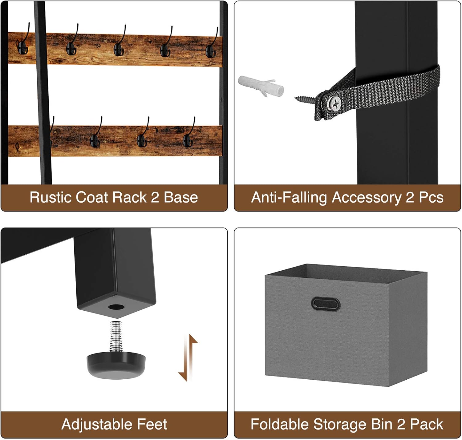 Rolanstar Hall Tree with Side Storage Shelves, Entryway Hall Tree with Shoe Bench and Coat Racks and 2 Foldable Cube Storage Bins,for Entryway, Bedroom, Sturdy and Easy Assembly: Home Improvement