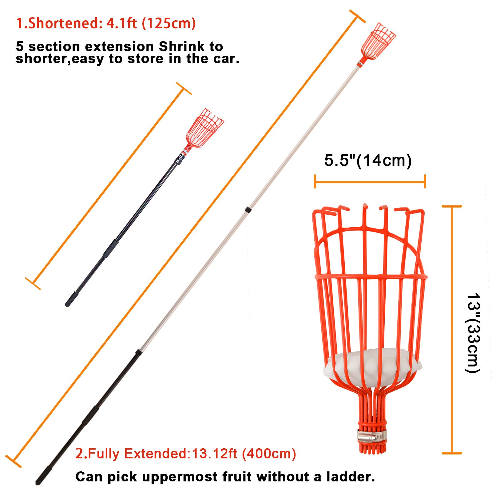 Voilamart Obstpflücker mit Teleskopstange,4 m Verstellbarer Erntehelfer Obsternte Obstgreifer Apfelpflücker für Obsternte Garten Apfel Birne Pfirsich Werkzeuge,Leicht Schwarz Aluminiumlegierung
