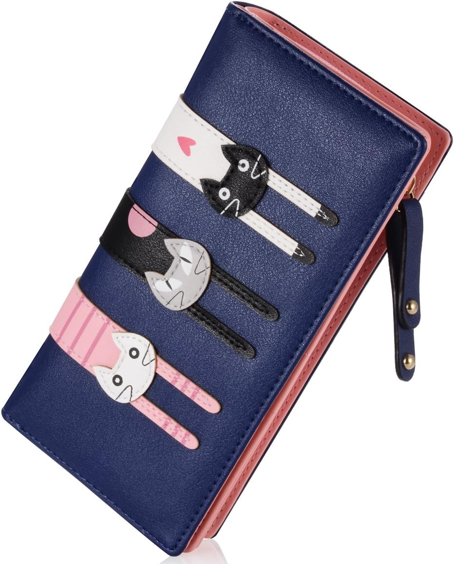 Women's Wallet Leather Long Clutch Cute Cat Bifold Purse with Zipper (Dark Blue)