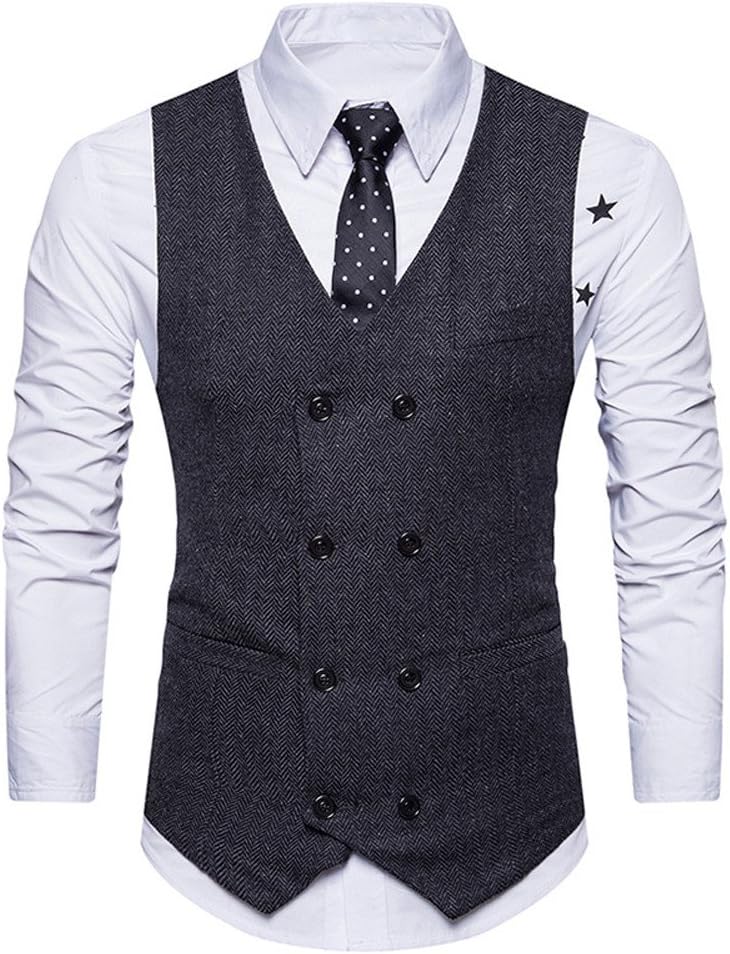 iHENGH Men Formal Tweed Check Double Breasted Waistcoat Retro Slim Fit Suit Jacket