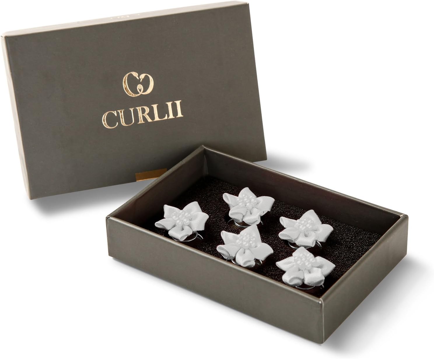 CURLII 5 Designer Flower Curlies - Bridal Hair Accessory - Silver Edition - White
