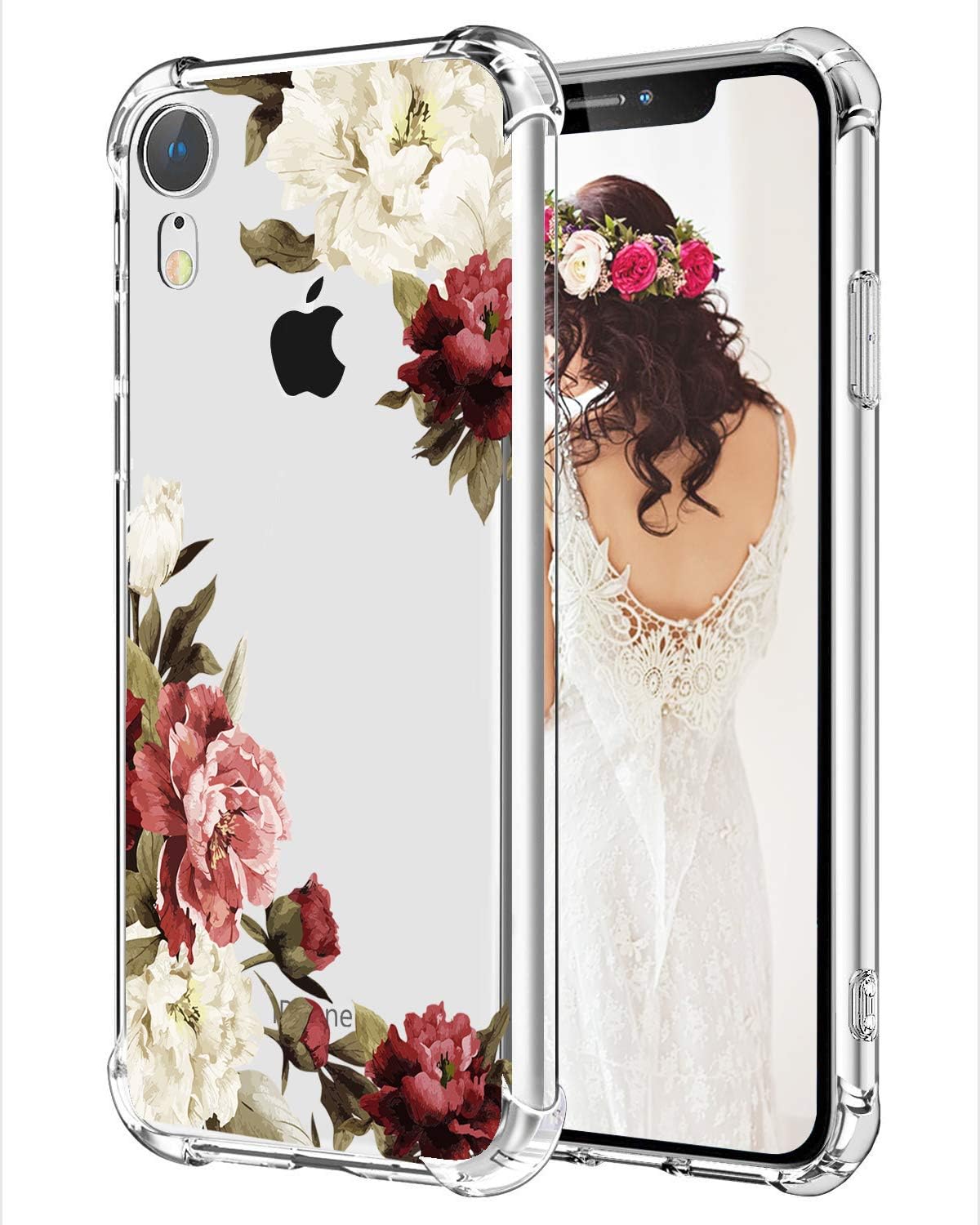 Hepix iPhone XR Floral Phone Cases for Women Flowers XR Case, White Purple Flowers Clear Xr Phone Cover with Four Bumpers, Protective Slim TPU Frame for iPhone XR 6.1"