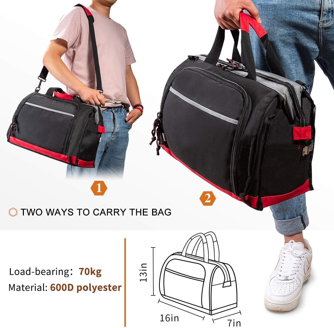 Tool Bag Wide Mouth Tote Bag with 25 Pockets 16-inch Storage Bag with Adjustable Shoulder Strap Black/Red - - 