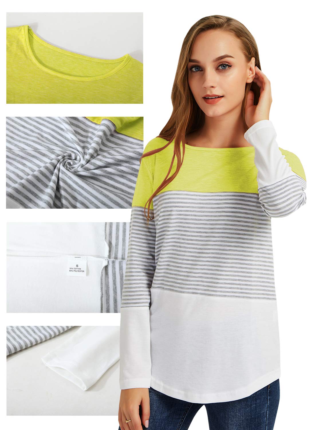Gititlys Women Crew Neck Long Sleeve Striped Loose T-Shirt（S-2XL） (L, Yellow)