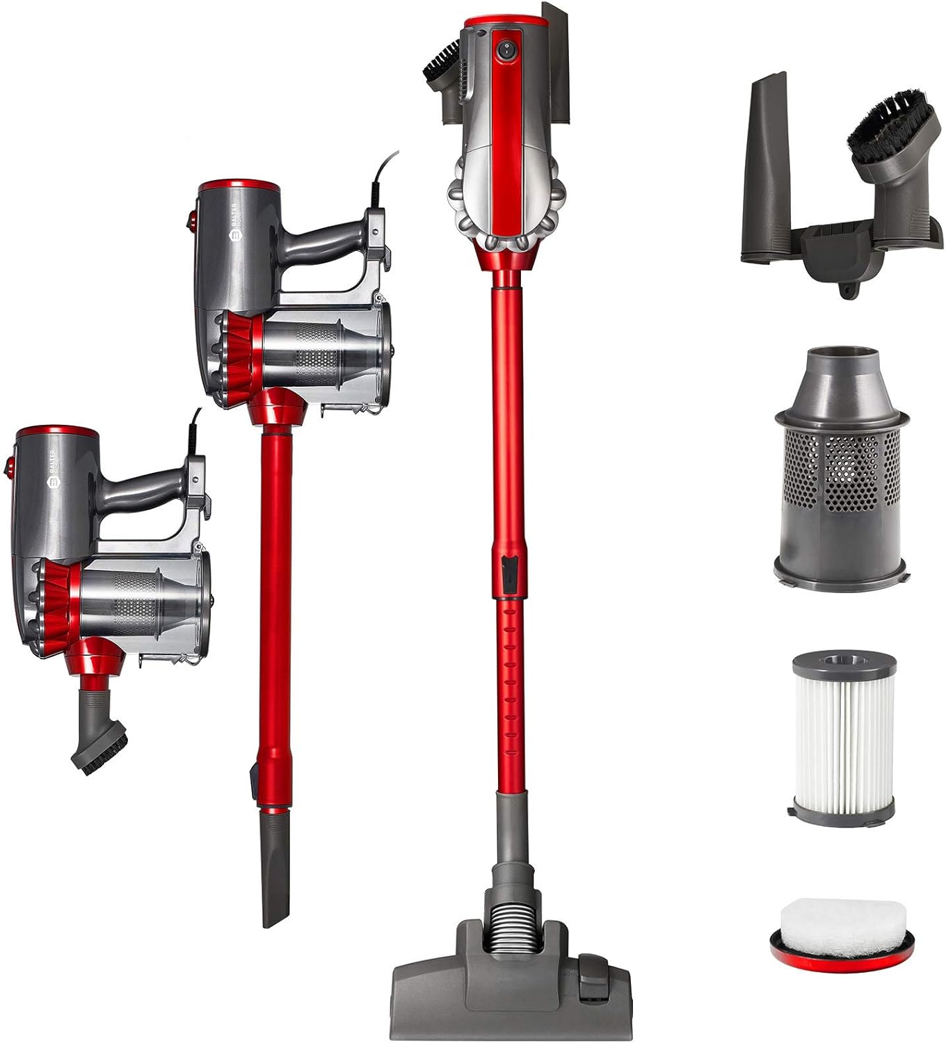 Balter Vento H2 Zyklon-Staubsauger ✓ Beutellos ✓ Teleskopstange ✓ 600W Saugleistung ✓mit Wandhalterung und Zubehör ✓ HEPA-Filter ✓ Handstaubsauger (Rot)