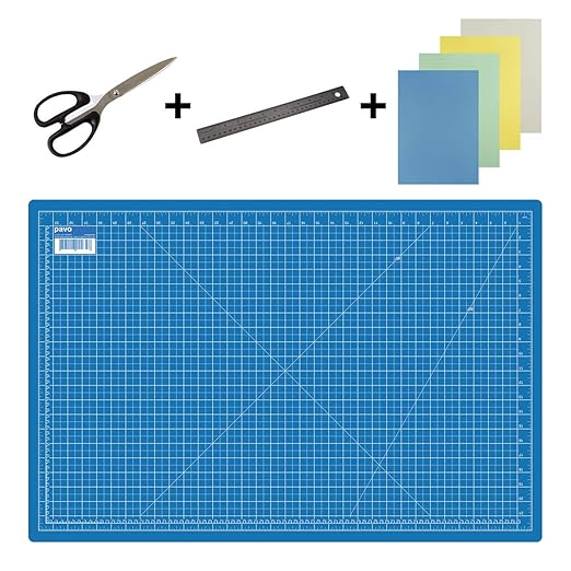 Pavo 8011438 Premium Set Schneidematte - 90x60 cm (A1) Blau + Schere 205mm + Lineal 30 cm + 20x Art & craft Papier - Premium-