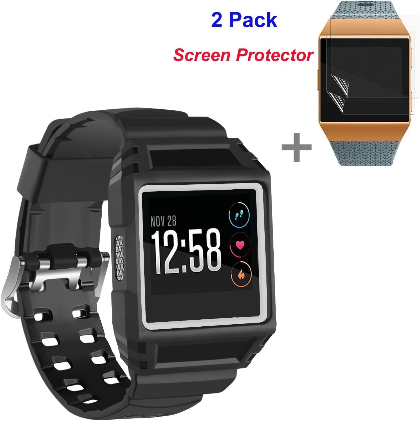 JINGCI Bands with Case for Fitbit Ionic, Shockproof Sport Wristband with 2 Pack Screen Protector for Fitbit Ionic