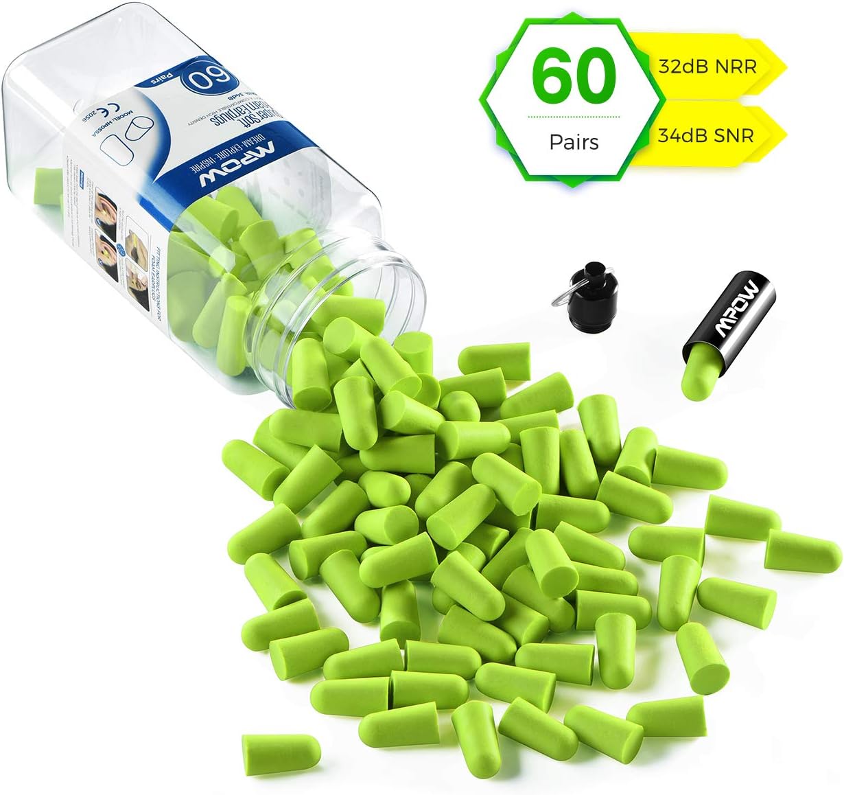 Mpow 055A Ear Plugs 60 Pairs, Super Soft Foam Ear Plugs 34dB SNR, Noise Reduction Hearing Protector, with Aluminum Carry Case, for Sleeping, Woodworking, Shooting, Travel, Loud Events-Green: Home Improvement